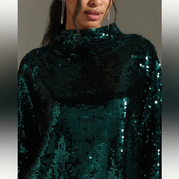 Anthropologie Alani Cashmere Mock Neck Sweater Sequin Ed EMERALD GREEN Sz XL NWT - Picture 7 of 14